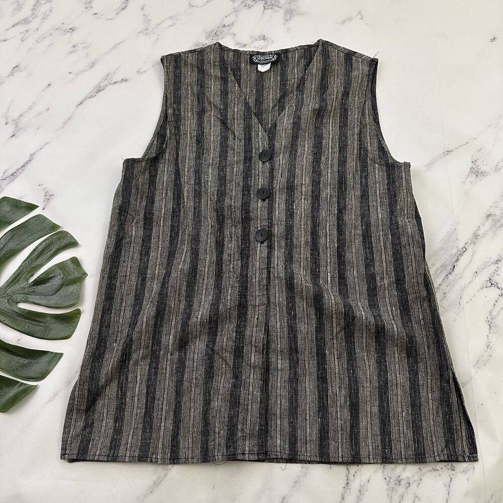 Street Wear Womens Vintage 90s Tunic Vest Size L Black Gray Stripe Linen Cotton